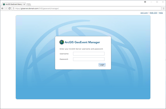 ArcGIS GeoEvent Manager login in page ArcGIS GeoEvent Manager login in page